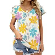AILLOSA YH-419 Tamamı Baskılı Fırfırlı Kısa Kollu V Yakalı Kadın T-shirt