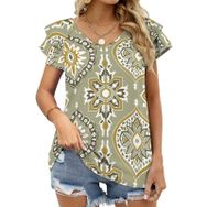 AILLOSA YH-42 Tamamı Baskılı Fırfırlı Kısa Kollu V Yakalı Kadın T-shirt