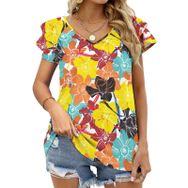 AILLOSA YH-423 Tamamı Baskılı Fırfırlı Kısa Kollu V Yakalı Kadın T-shirt