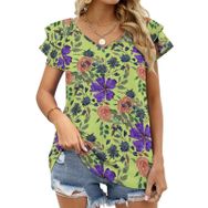 AILLOSA YH-425 Tamamı Baskılı Fırfırlı Kısa Kollu V Yakalı Kadın T-shirt