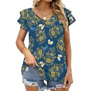 AILLOSA YH-426 Tamamı Baskılı Fırfırlı Kısa Kollu V Yakalı Kadın T-shirt