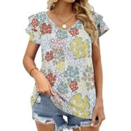 AILLOSA YH-427 Tamamı Baskılı Fırfırlı Kısa Kollu V Yakalı Kadın T-shirt