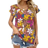 AILLOSA YH-429 Tamamı Baskılı Fırfırlı Kısa Kollu V Yakalı Kadın T-shirt