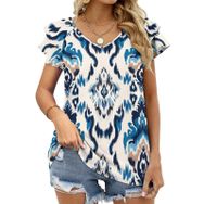 AILLOSA YH-43 Tamamı Baskılı Fırfırlı Kısa Kollu V Yakalı Kadın T-shirt