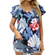 AILLOSA YH-430 Tamamı Baskılı Fırfırlı Kısa Kollu V Yakalı Kadın T-shirt