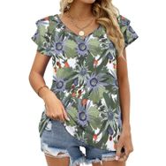 AILLOSA YH-431 Tamamı Baskılı Fırfırlı Kısa Kollu V Yakalı Kadın T-shirt