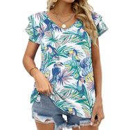 AILLOSA YH-434 Tamamı Baskılı Fırfırlı Kısa Kollu V Yakalı Kadın T-shirt