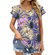 AILLOSA YH-436 Tamamı Baskılı Fırfırlı Kısa Kollu V Yakalı Kadın T-shirt