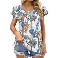 AILLOSA YH-437 Tamamı Baskılı Fırfırlı Kısa Kollu V Yakalı Kadın T-shirt