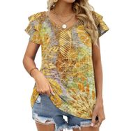 AILLOSA YH-44 Tamamı Baskılı Fırfırlı Kısa Kollu V Yakalı Kadın T-shirt