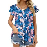 AILLOSA YH-441 Tamamı Baskılı Fırfırlı Kısa Kollu V Yakalı Kadın T-shirt