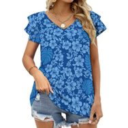 AILLOSA YH-442 Tamamı Baskılı Fırfırlı Kısa Kollu V Yakalı Kadın T-shirt
