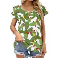 AILLOSA YH-445 Tamamı Baskılı Fırfırlı Kısa Kollu V Yakalı Kadın T-shirt