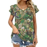 AILLOSA YH-446 Tamamı Baskılı Fırfırlı Kısa Kollu V Yakalı Kadın T-shirt