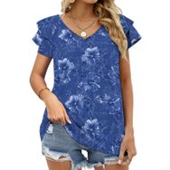 AILLOSA YH-449 Tamamı Baskılı Fırfırlı Kısa Kollu V Yakalı Kadın T-shirt