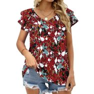AILLOSA YH-45 Tamamı Baskılı Fırfırlı Kısa Kollu V Yakalı Kadın T-shirt