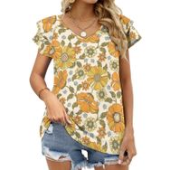 AILLOSA YH-450 Tamamı Baskılı Fırfırlı Kısa Kollu V Yakalı Kadın T-shirt
