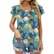 AILLOSA YH-452 Tamamı Baskılı Fırfırlı Kısa Kollu V Yakalı Kadın T-shirt