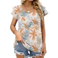 AILLOSA YH-455 Tamamı Baskılı Fırfırlı Kısa Kollu V Yakalı Kadın T-shirt