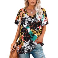 AILLOSA YH-456 Tamamı Baskılı V Yaka Kısa Kollu Kadın T-Shirt