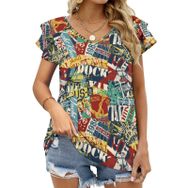AILLOSA YH-458 Tamamı Baskılı Fırfırlı Kısa Kollu V Yakalı Kadın T-shirt