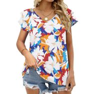 AILLOSA YH-459 Tamamı Baskılı Fırfırlı Kısa Kollu V Yakalı Kadın T-shirt