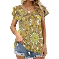 AILLOSA YH-46 Tamamı Baskılı Fırfırlı Kısa Kollu V Yakalı Kadın T-shirt
