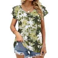 AILLOSA YH-460 Tamamı Baskılı Fırfırlı Kısa Kollu V Yakalı Kadın T-shirt
