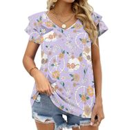 AILLOSA YH-462 Tamamı Baskılı Fırfırlı Kısa Kollu V Yakalı Kadın T-shirt