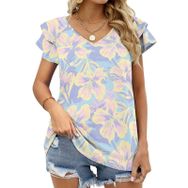 AILLOSA YH-464 Tamamı Baskılı Fırfırlı Kısa Kollu V Yakalı Kadın T-shirt