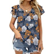 AILLOSA YH-467 Tamamı Baskılı Fırfırlı Kısa Kollu V Yakalı Kadın T-shirt