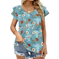 AILLOSA YH-469 Tamamı Baskılı Fırfırlı Kısa Kollu V Yakalı Kadın T-shirt
