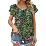 AILLOSA YH-47 Tamamı Baskılı Fırfırlı Kısa Kollu V Yakalı Kadın T-shirt