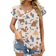 AILLOSA YH-470 Tamamı Baskılı Fırfırlı Kısa Kollu V Yakalı Kadın T-shirt