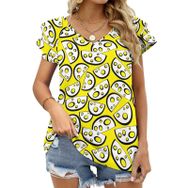 AILLOSA YH-472 Tamamı Baskılı Fırfırlı Kısa Kollu V Yakalı Kadın T-shirt