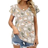 AILLOSA YH-473 Tamamı Baskılı Fırfırlı Kısa Kollu V Yakalı Kadın T-shirt