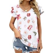 AILLOSA YH-477 Tamamı Baskılı Fırfırlı Kısa Kollu V Yakalı Kadın T-shirt