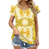 AILLOSA YH-479 Tamamı Baskılı Fırfırlı Kısa Kollu V Yakalı Kadın T-shirt