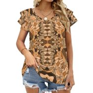 AILLOSA YH-48 Tamamı Baskılı Fırfırlı Kısa Kollu V Yakalı Kadın T-shirt