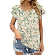 AILLOSA YH-480 Tamamı Baskılı Fırfırlı Kısa Kollu V Yakalı Kadın T-shirt