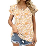 AILLOSA YH-481 Tamamı Baskılı Fırfırlı Kısa Kollu V Yakalı Kadın T-shirt