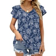 AILLOSA YH-482 Tamamı Baskılı Fırfırlı Kısa Kollu V Yakalı Kadın T-shirt