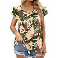 AILLOSA YH-484 Tamamı Baskılı Fırfırlı Kısa Kollu V Yakalı Kadın T-shirt