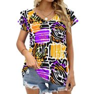 AILLOSA YH-489 Tamamı Baskılı Fırfırlı Kısa Kollu V Yakalı Kadın T-shirt