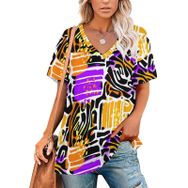 AILLOSA YH-489 Tamamı Baskılı V Yaka Kısa Kollu Kadın T-Shirt