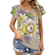 AILLOSA YH-49 Tamamı Baskılı Fırfırlı Kısa Kollu V Yakalı Kadın T-shirt