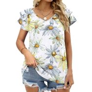 AILLOSA YH-490 Tamamı Baskılı Fırfırlı Kısa Kollu V Yakalı Kadın T-shirt