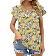 AILLOSA YH-491 Tamamı Baskılı Fırfırlı Kısa Kollu V Yakalı Kadın T-shirt
