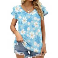 AILLOSA YH-492 Tamamı Baskılı Fırfırlı Kısa Kollu V Yakalı Kadın T-shirt