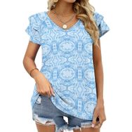AILLOSA YH-493 Tamamı Baskılı Fırfırlı Kısa Kollu V Yakalı Kadın T-shirt